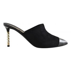 Chanel 20C Paris In Rome Pearl Black Suede Patent CC Mule Slide Heel Pump 42